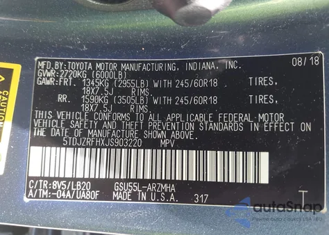 2018 Toyota Highlander Xle from USA, damaged, VIN 5TDJZRFHXJS903220